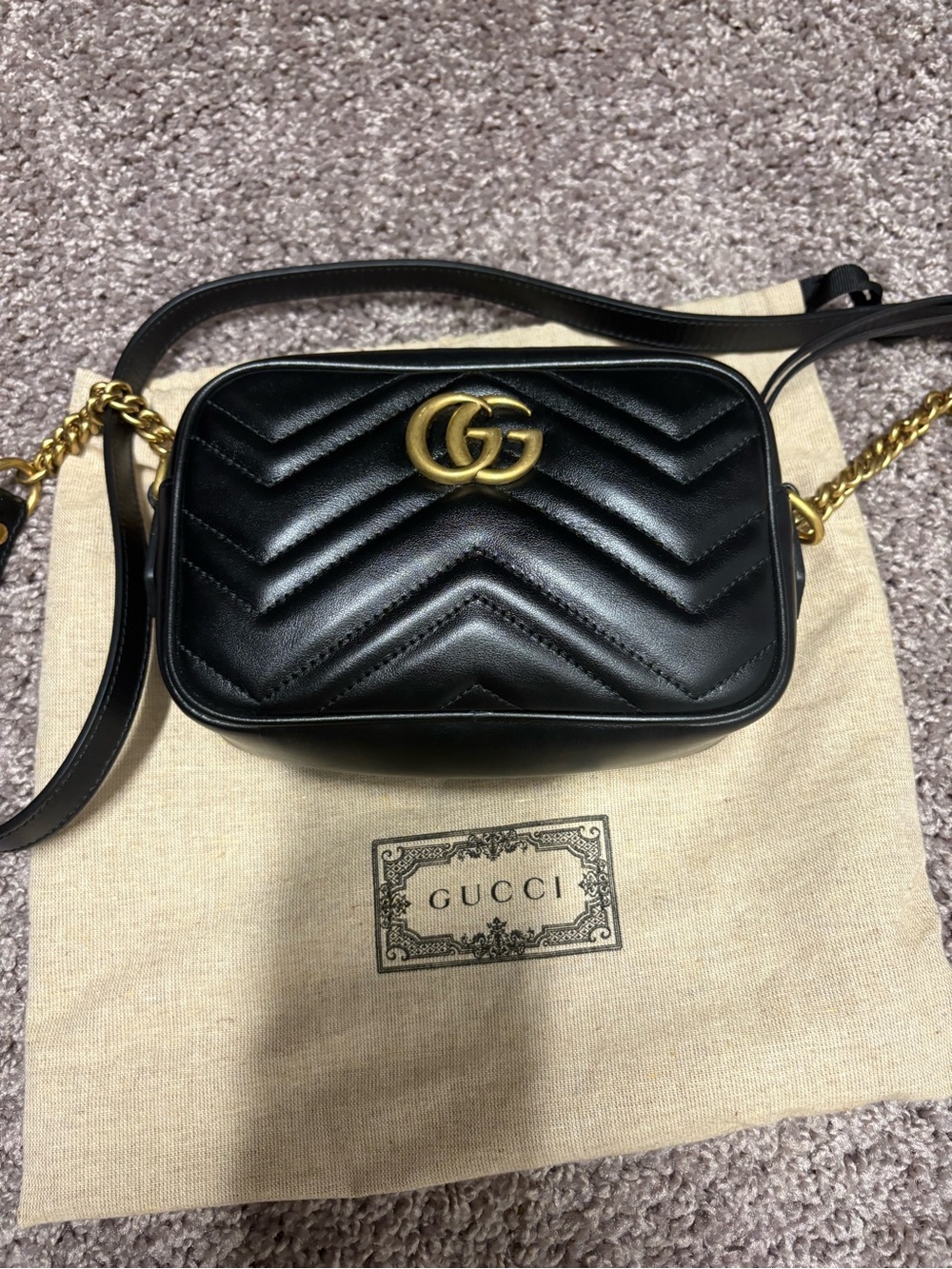 Gucci Black Chevron Quilted Leather Crossbody with Gold GG